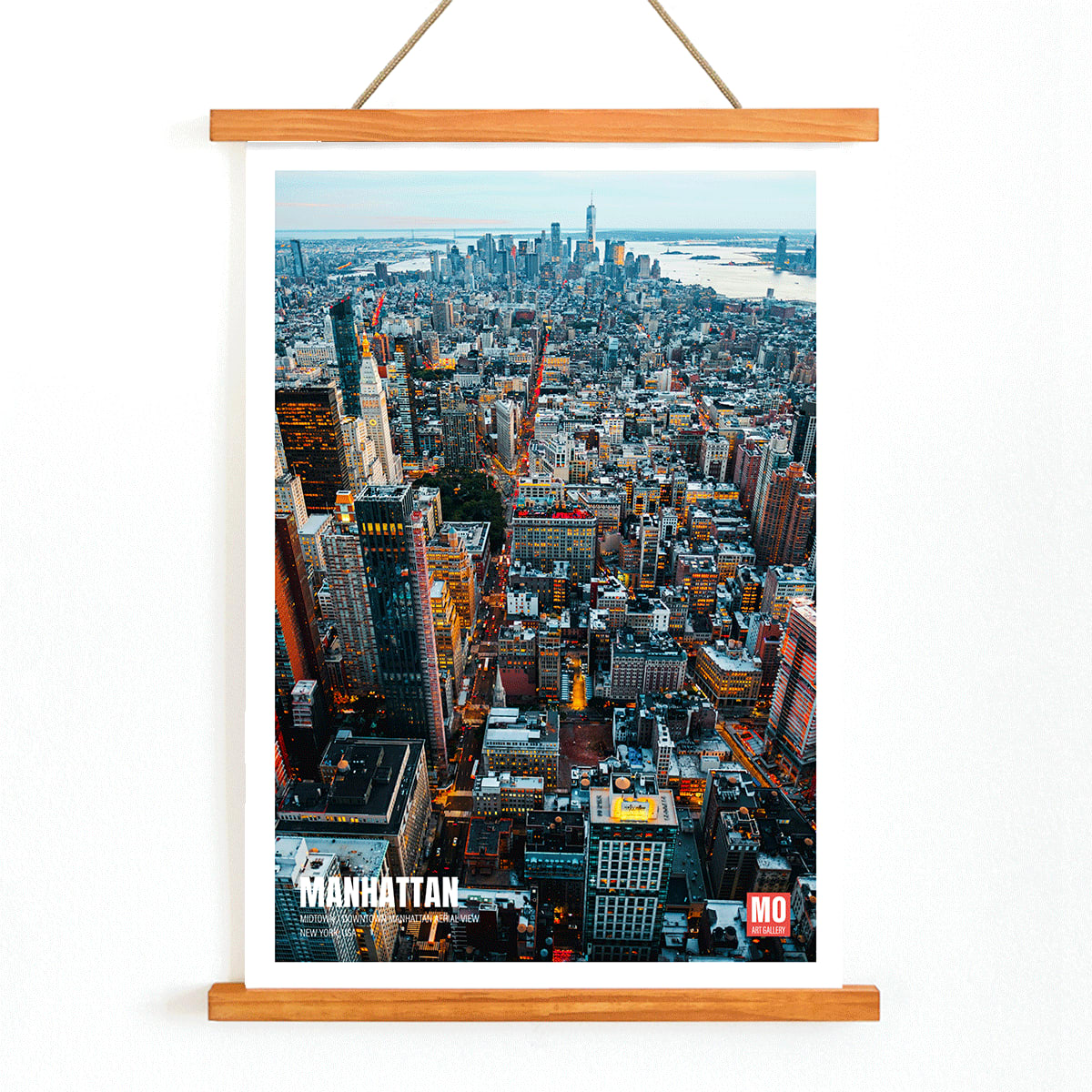 Aerial view and poster of Manhattan skyline in New York by Mo Art Gallery, with wooden magnetic frame on white background