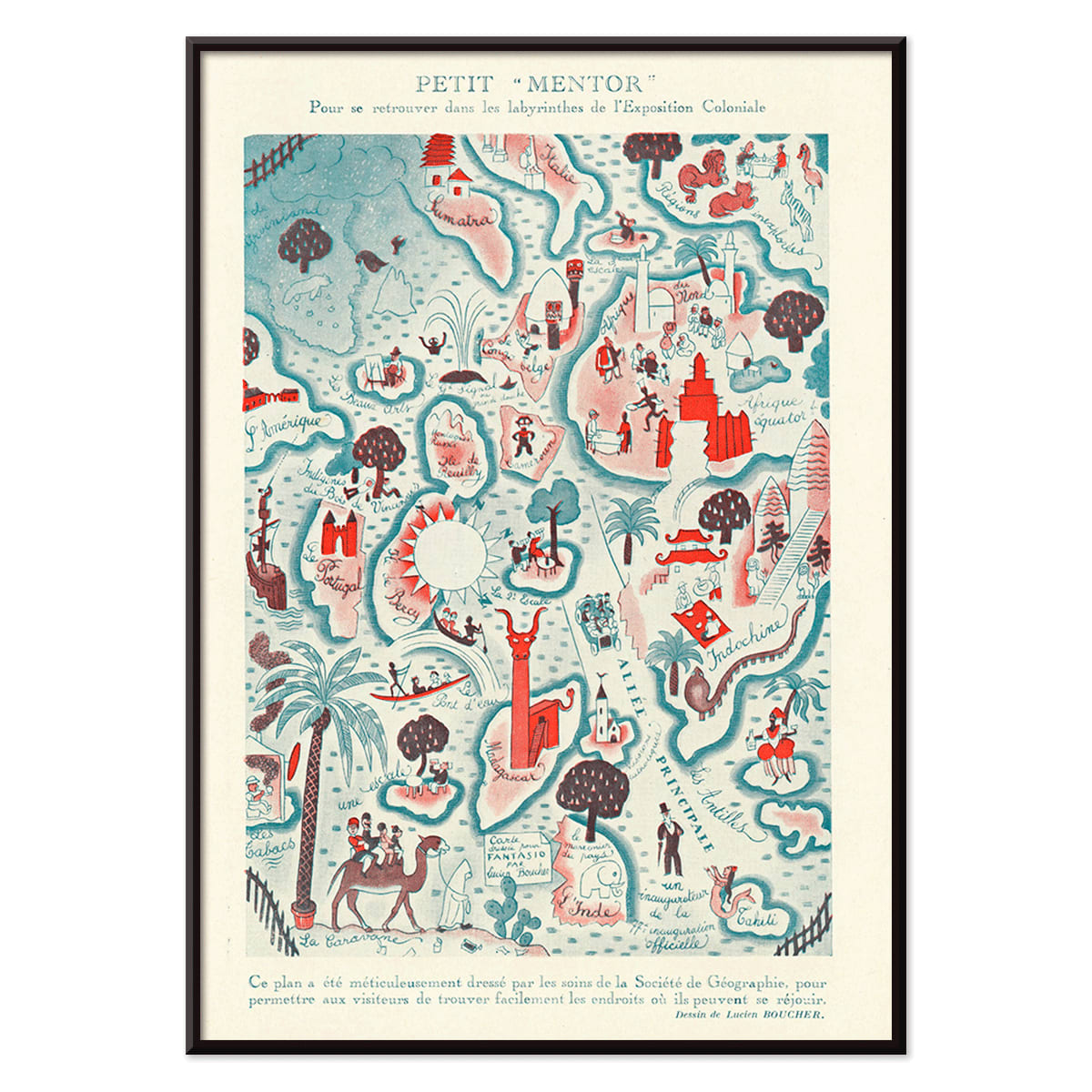 Colorful illustrated map poster Petit Mentor Carte de l exposition coloniale by Lucien Boucher featuring various regions and activities, with black aluminium frame on white background