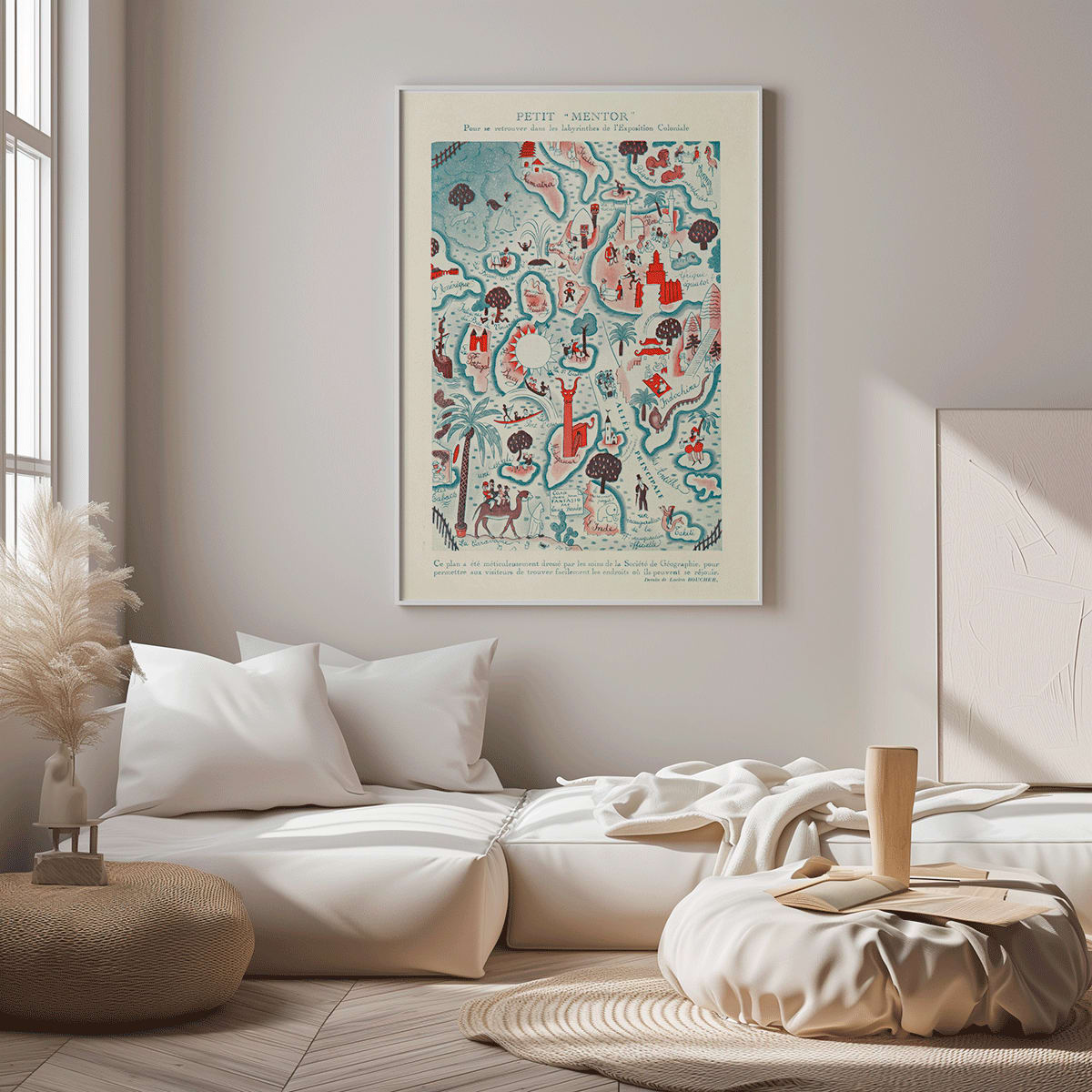 Colorful illustrated map poster Petit Mentor Carte de l exposition coloniale by Lucien Boucher featuring various regions and activities, framed and displayed in modern living room decor