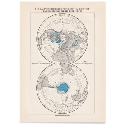 Vintage polar regions and glacier map illustrated artwork of Earth poles by Bibliographic institute of Liepzig, with black aluminium frame on white background