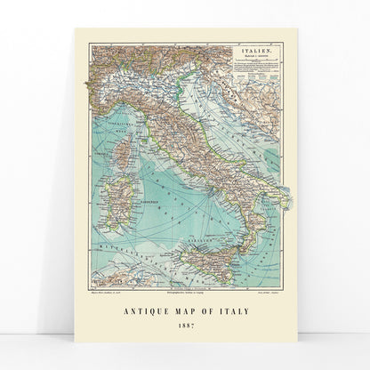 Colorful historical map of Italy by Institute of Liepzig German antique artwork with detailed geographical features, framed and displayed in modern living room decor