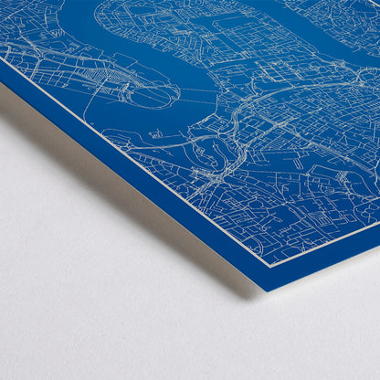 Closeup detail of Minimalist London map artwork poster with blue background white map details by artist Anonymous featuring major landmarks