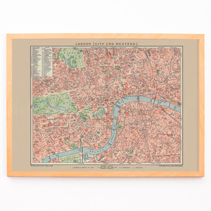 Closeup detail of Ancient map of London by Bibliographic institute of Liepzig showing detailed vintage city streets river Thames and parks