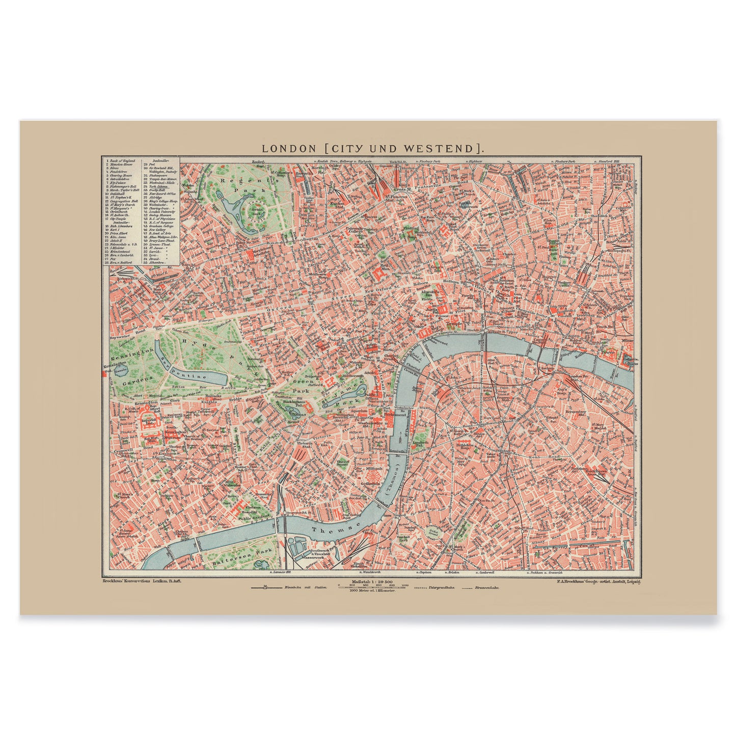 Ancient map of London by Bibliographic institute of Liepzig showing detailed vintage city streets river Thames and parks, with black aluminium frame on white background