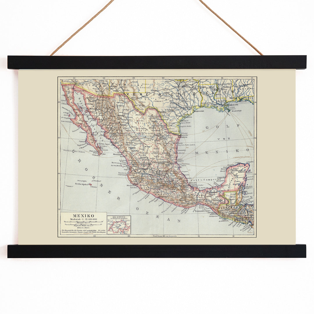 Antique map of Mexico by Institute of Liepzig detailed geographic illustration showing regions and borders German antique map poster, with wooden magnetic frame on white background
