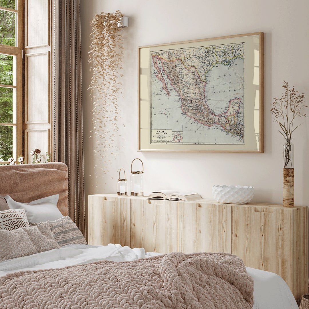 Antique map of Mexico by Institute of Liepzig detailed geographic illustration showing regions and borders German antique map poster, framed and displayed in home decor