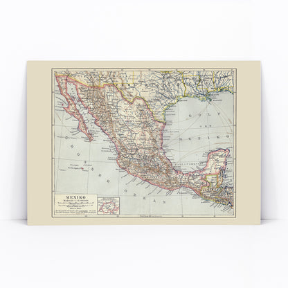 Antique map of Mexico by Institute of Liepzig detailed geographic illustration showing regions and borders German antique map poster, framed and displayed in modern living room decor