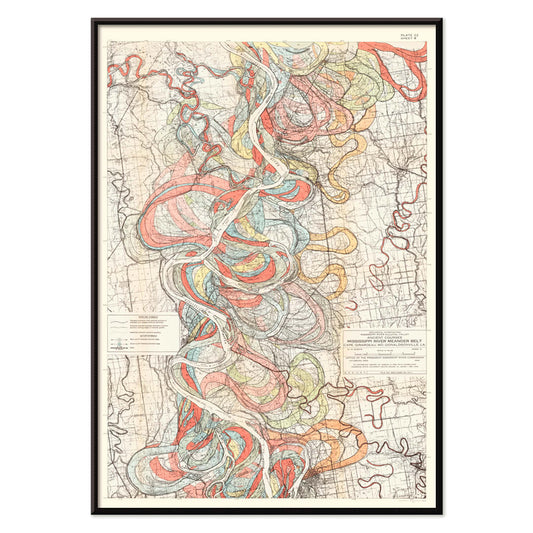 Colorful topographic map poster of the Mississippi River by Harold Fisk titled Ancient Courses of the Mississippi River showing historic colorful swirls and paths, with black aluminium frame on white background
