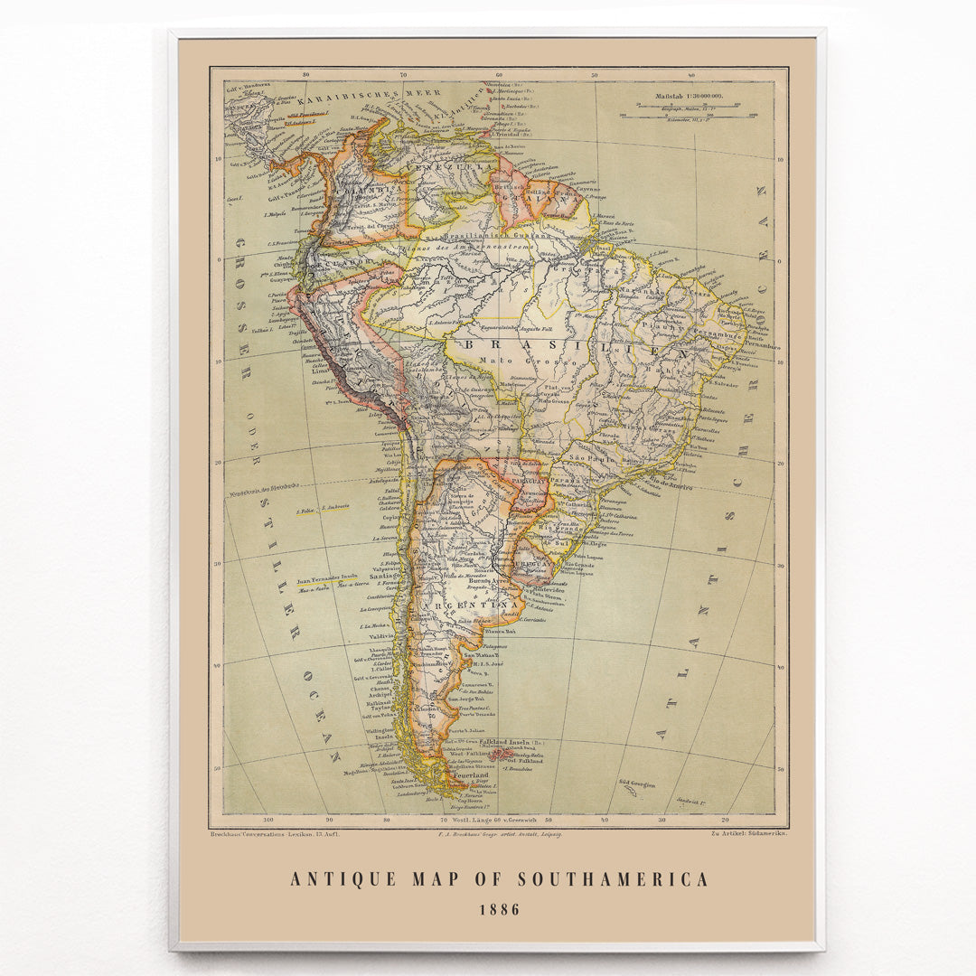Closeup detail of Vintage map of South America by Institute of Liepzig German antique map Brasil detailed geographic features artwork poster