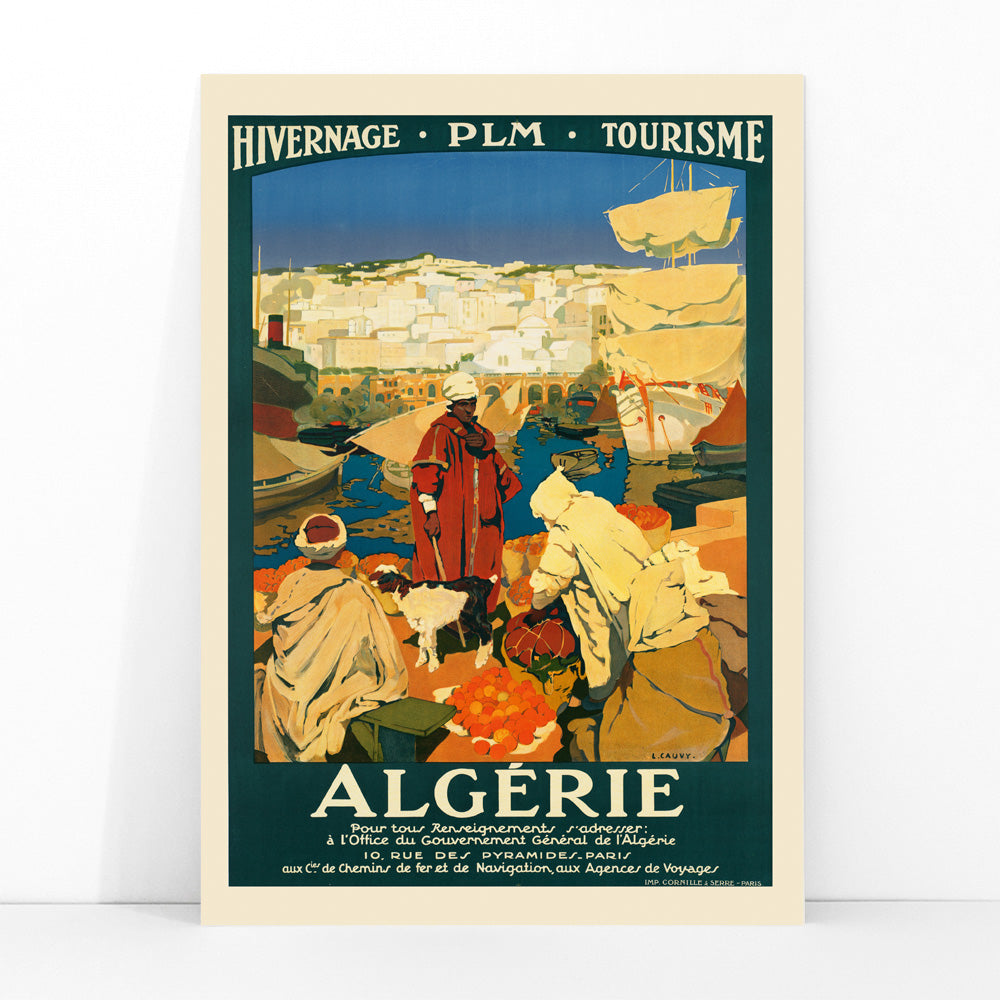 Colorful Algerian harbor market scene with people in traditional clothing by Leon Cauvy travel artwork poster, framed and displayed in modern living room decor