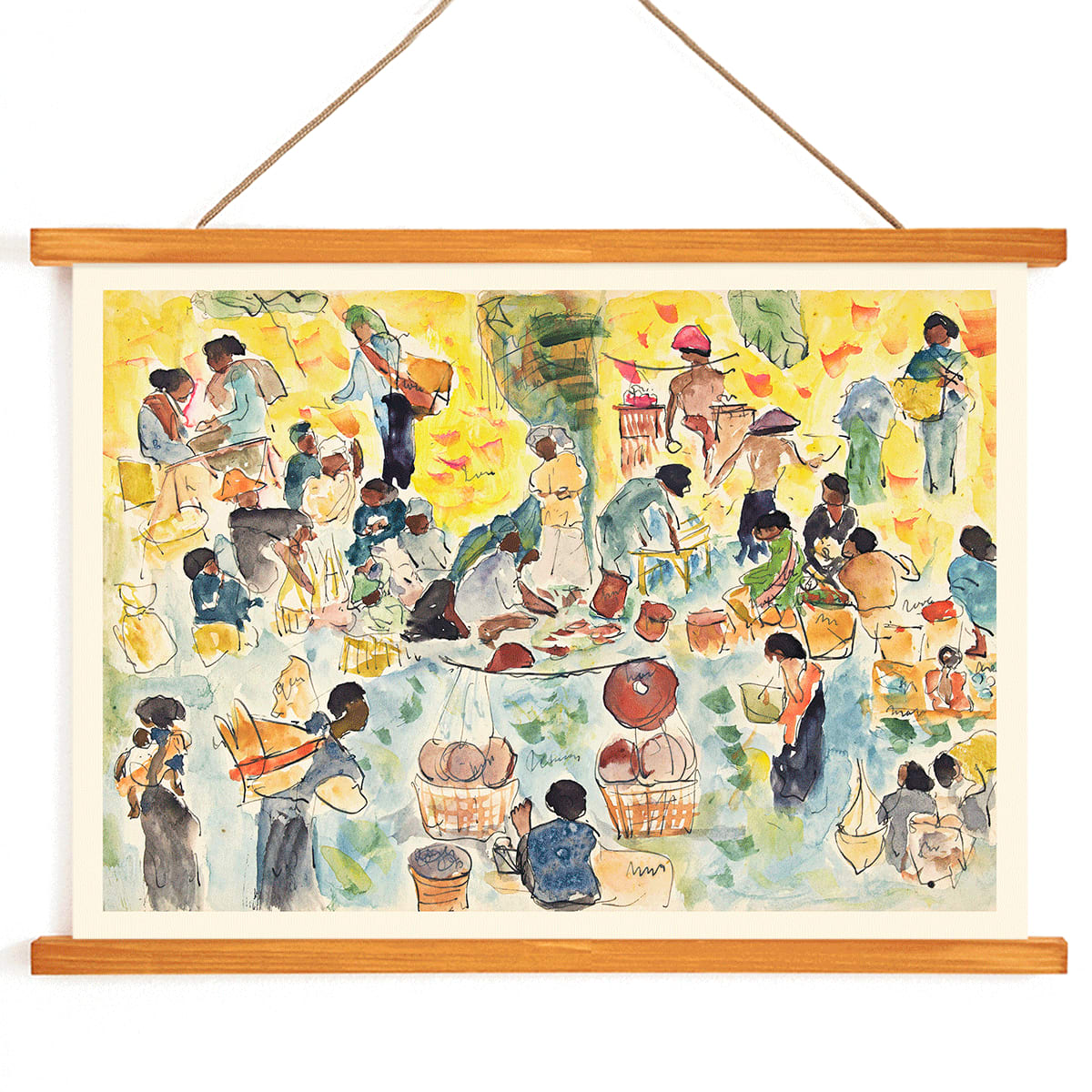 Vibrant market scene in the Dutch East Indies by Pierre Jean Apol featuring bustling merchants and colorful goods, with wooden magnetic frame on white background