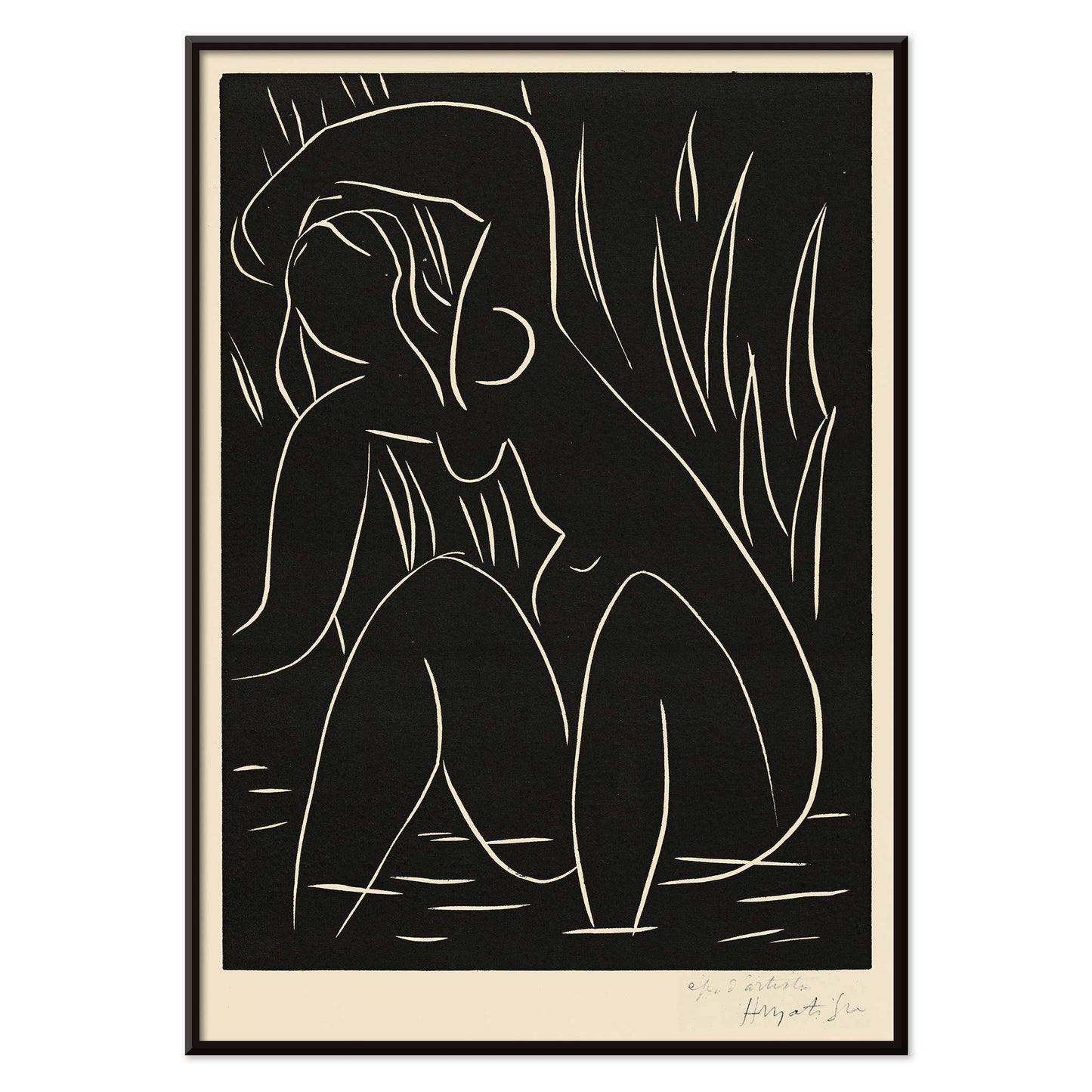Henri Matisse The Afternoon poster minimalist black line figure on dark background with white contours and vertical strokes, with black aluminium frame on white background