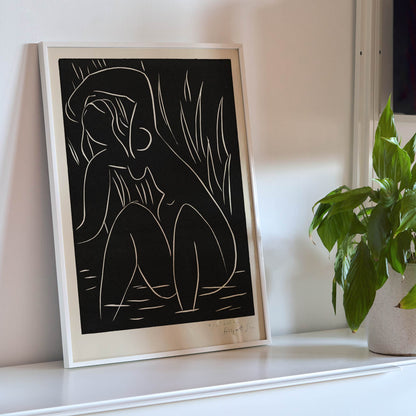 Henri Matisse The Afternoon poster minimalist black line figure on dark background with white contours and vertical strokes, framed and displayed in modern living room decor