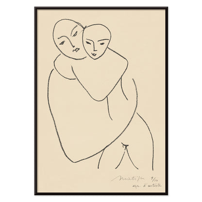 Henri Matisse Vierge et enfant poster minimalist mother and child line drawing in black on beige paper, with black aluminium frame on white background