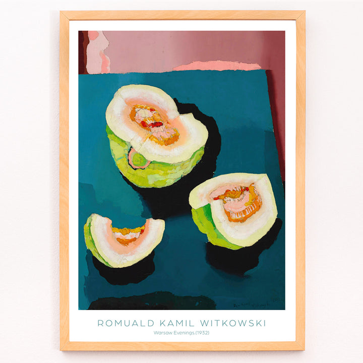 Closeup detail of Colorful abstract fruit and sliced melons on a blue table by Romuald Kamil Witkowski Warsaw Evenings Plac Zamkowy poster