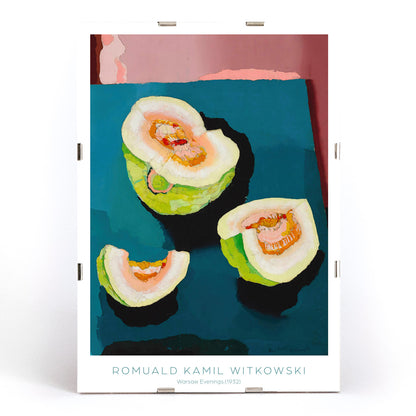 Colorful abstract fruit and sliced melons on a blue table by Romuald Kamil Witkowski Warsaw Evenings Plac Zamkowy poster, framed and displayed in modern living room decor