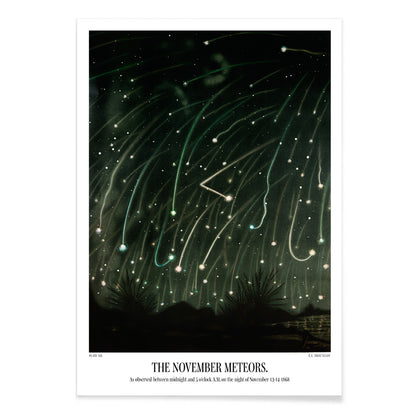 The November Meteors by E L Trouvelot night sky artwork poster featuring bright meteors streaking above a dark landscape, with black aluminium frame on white background