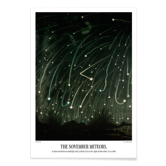 The November Meteors by E L Trouvelot night sky artwork poster featuring bright meteors streaking above a dark landscape, with black aluminium frame on white background