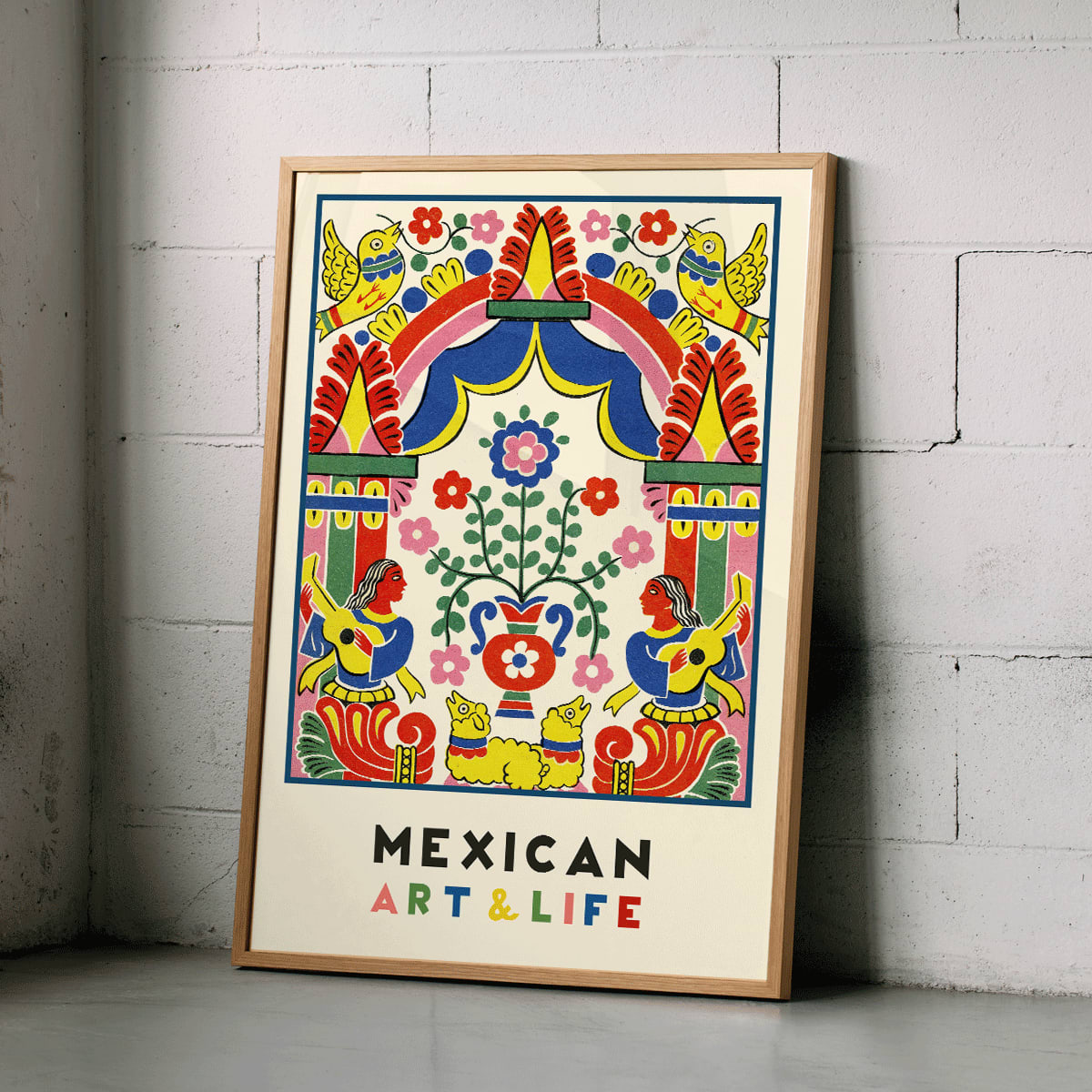 Colorful Mexican folk art illustration and poster featuring vibrant birds musicians flowers and patterns from Mexican Art and Life, framed and displayed in home decor