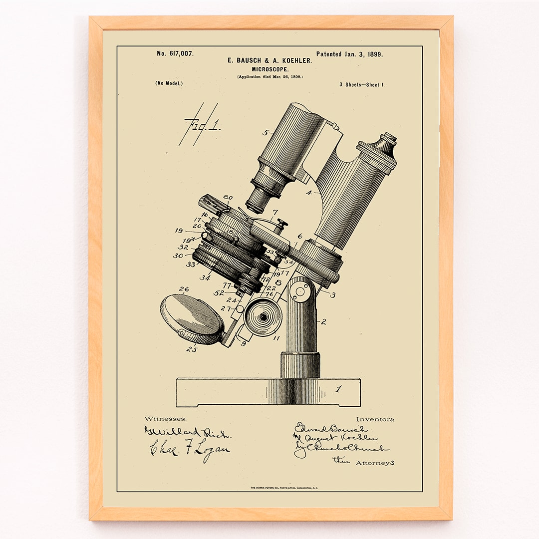 Detailed illustration and poster of microscope patent by E Bausch featuring detailed drawing titled Microscope Patent, framed and displayed in modern living room decor