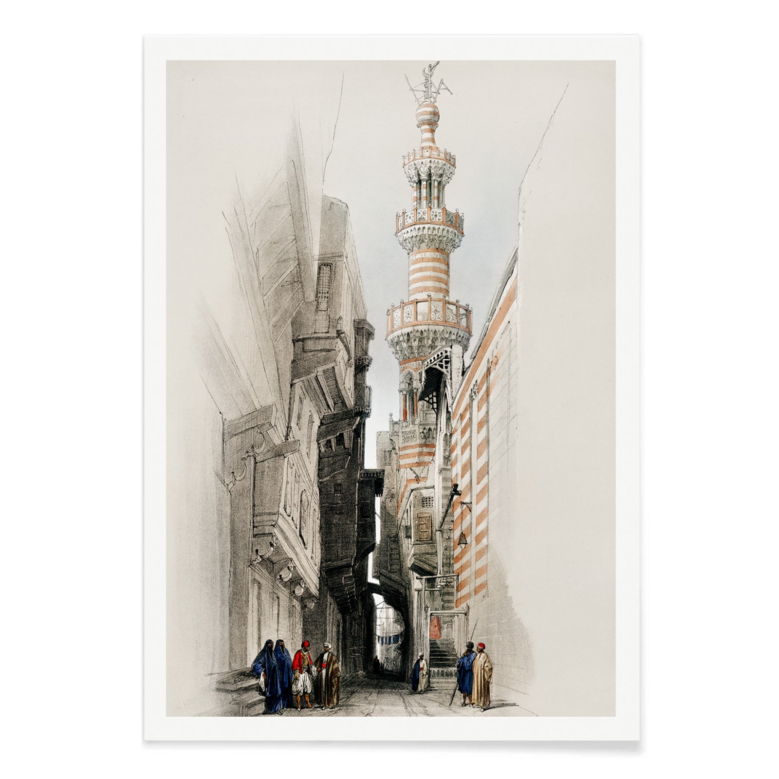 Minaret of the mosque The Rhamree with people in traditional attire street view and poster artwork by David Roberts, with black aluminium frame on white background
