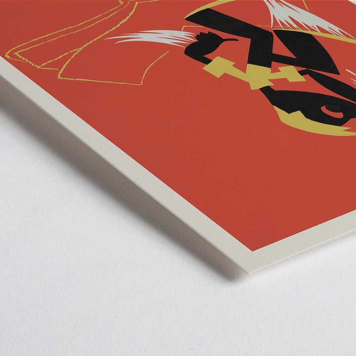 Closeup detail of Arlington Gregg Dont gum up a book poster with bold black figure over open book on red background with yellow accents