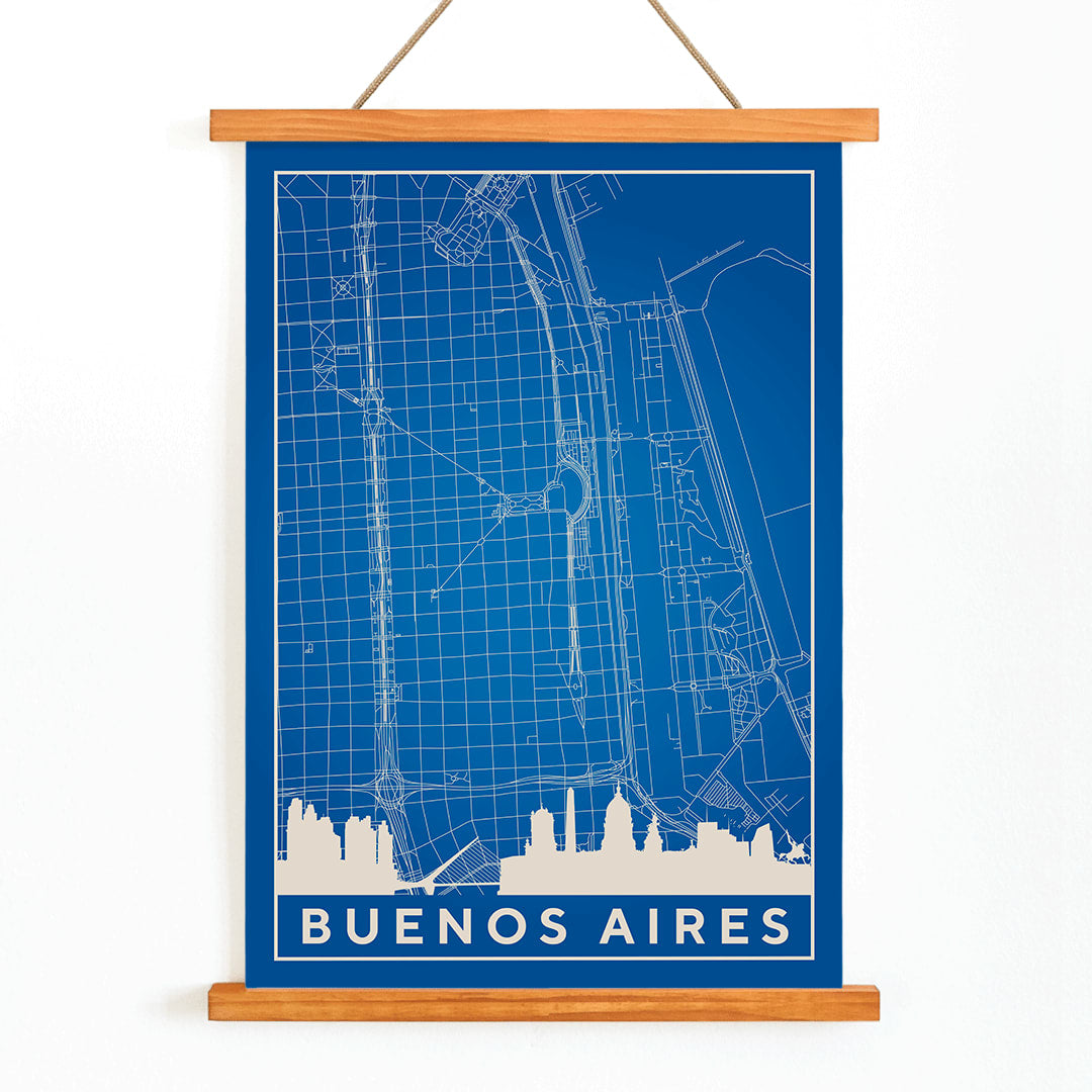 Minimalist Buenos Aires Map wall art poster featuring city streets and landmarks by Minimalist artist, with wooden magnetic frame on white background