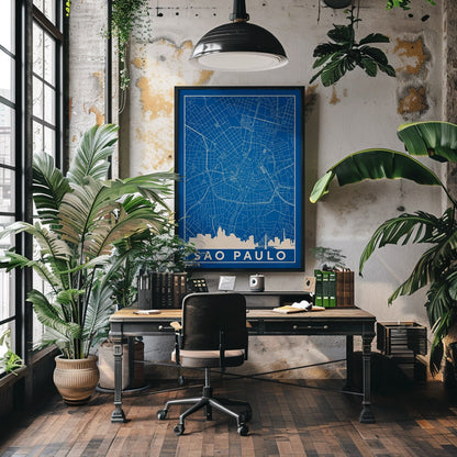 Minimalist blue map of Sao Paulo city with white street lines and skyline by artist Anonymous titled Minimalist Sao Paulo Map, framed and displayed in home decor
