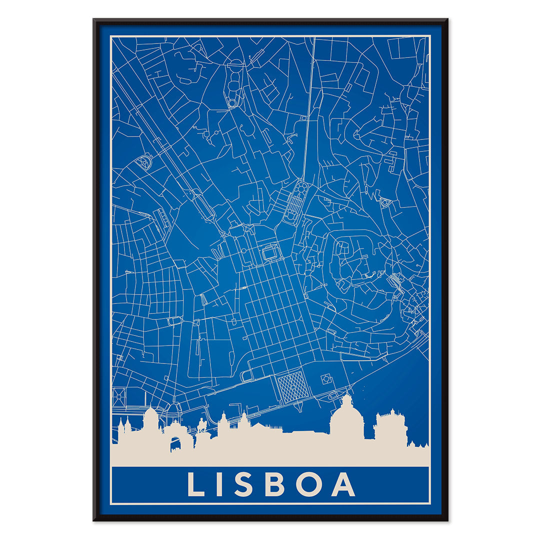 Minimalist Lisbon Map artwork in blue and white showing city map skyline and landmarks silhouette poster, with black aluminium frame on white background