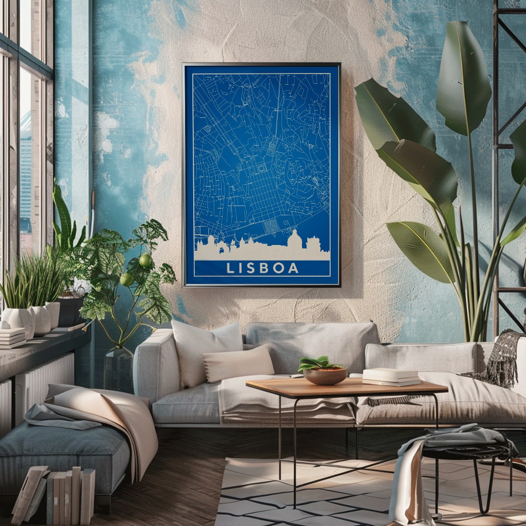 Minimalist Lisbon Map artwork in blue and white showing city map skyline and landmarks silhouette poster, framed and displayed in home decor