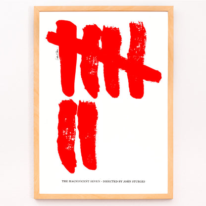 Closeup detail of Minimalist movie poster for The Magnificent Seven by Saul Bass with bold red brushstroke tally marks on white background