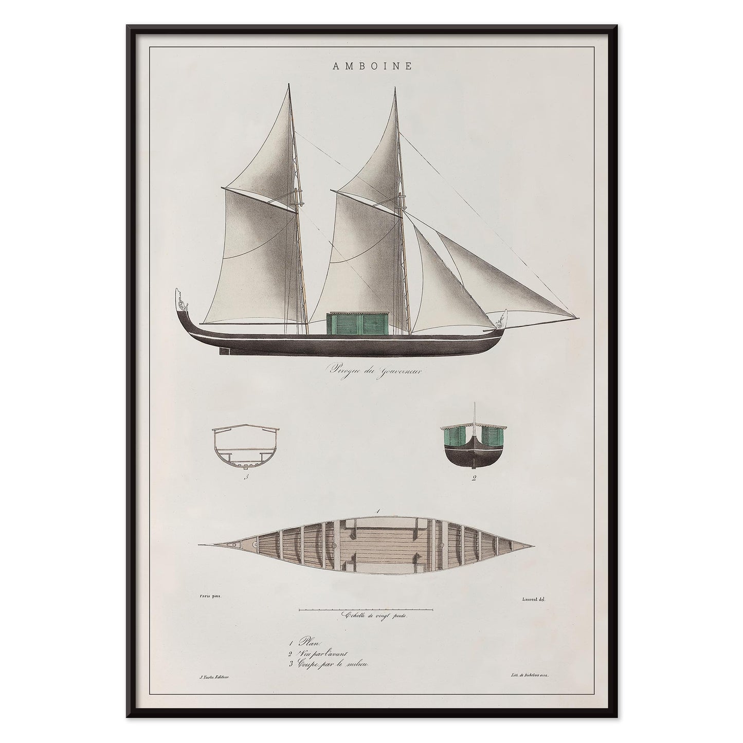 Amboine by J Tastu minimalist sailing ship poster with detailed hull and sail diagrams in soft beige tones, with black aluminium frame on white background