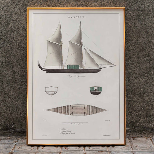 Amboine by J Tastu minimalist sailing ship poster with detailed hull and sail diagrams in soft beige tones, framed and displayed in home decor