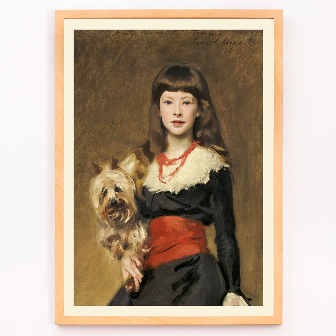 Miss Beatrice Townsend by John Singer Sargent young girl with a dog in elegant attire and red sash painting poster, framed and displayed in modern living room decor