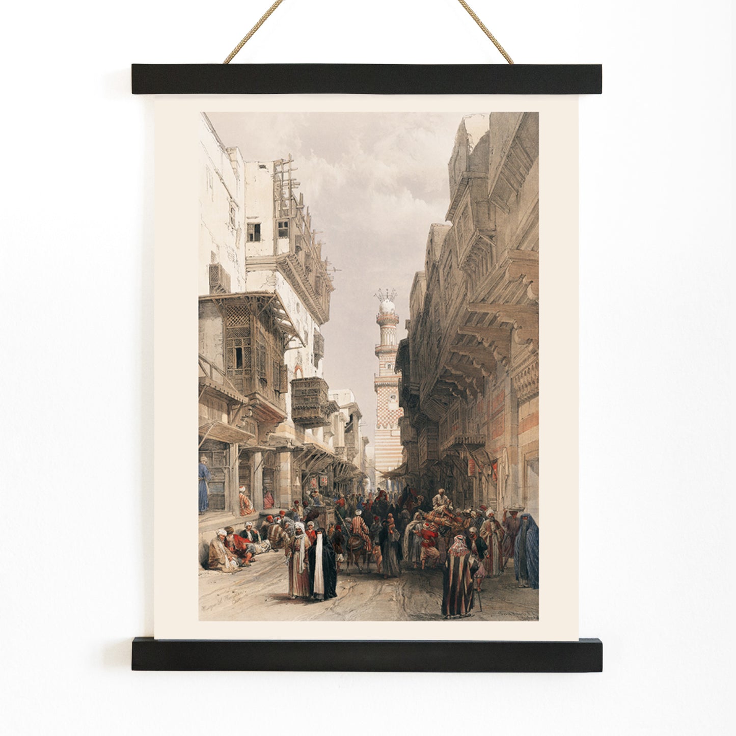 Bustling Cairo street scene with Mosque The Mooristan and people illustrated by David Roberts, with wooden magnetic frame on white background