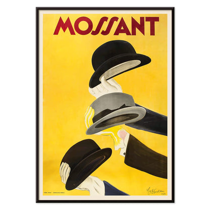 Vibrant poster by Leonetto Cappiello featuring three hands holding hats with yellow background and Mossant text, with black aluminium frame on white background