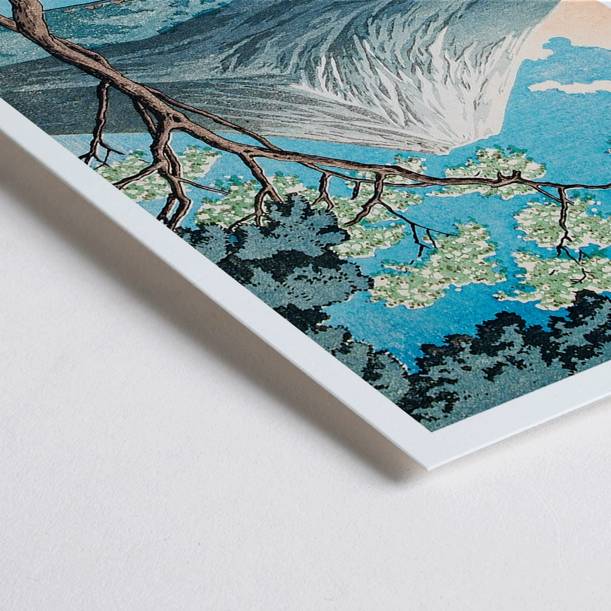 Closeup detail of Mount Fuji from Lake Yamanaka by Hiroaki Takahashi with sailboats blue water and a tree in the foreground Japanese artwork poster