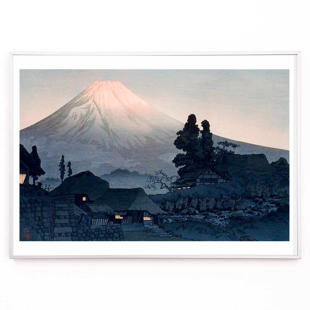 Closeup detail of Mount Fuji From Mizukubo by Hiroaki Takahashi traditional Japanese village and houses at dusk artwork