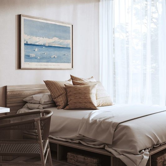 Mount Sabine and Possessions Island painting and poster by Charles Hamilton Smith showing icy waters a ship and distant mountains, framed and displayed in home decor