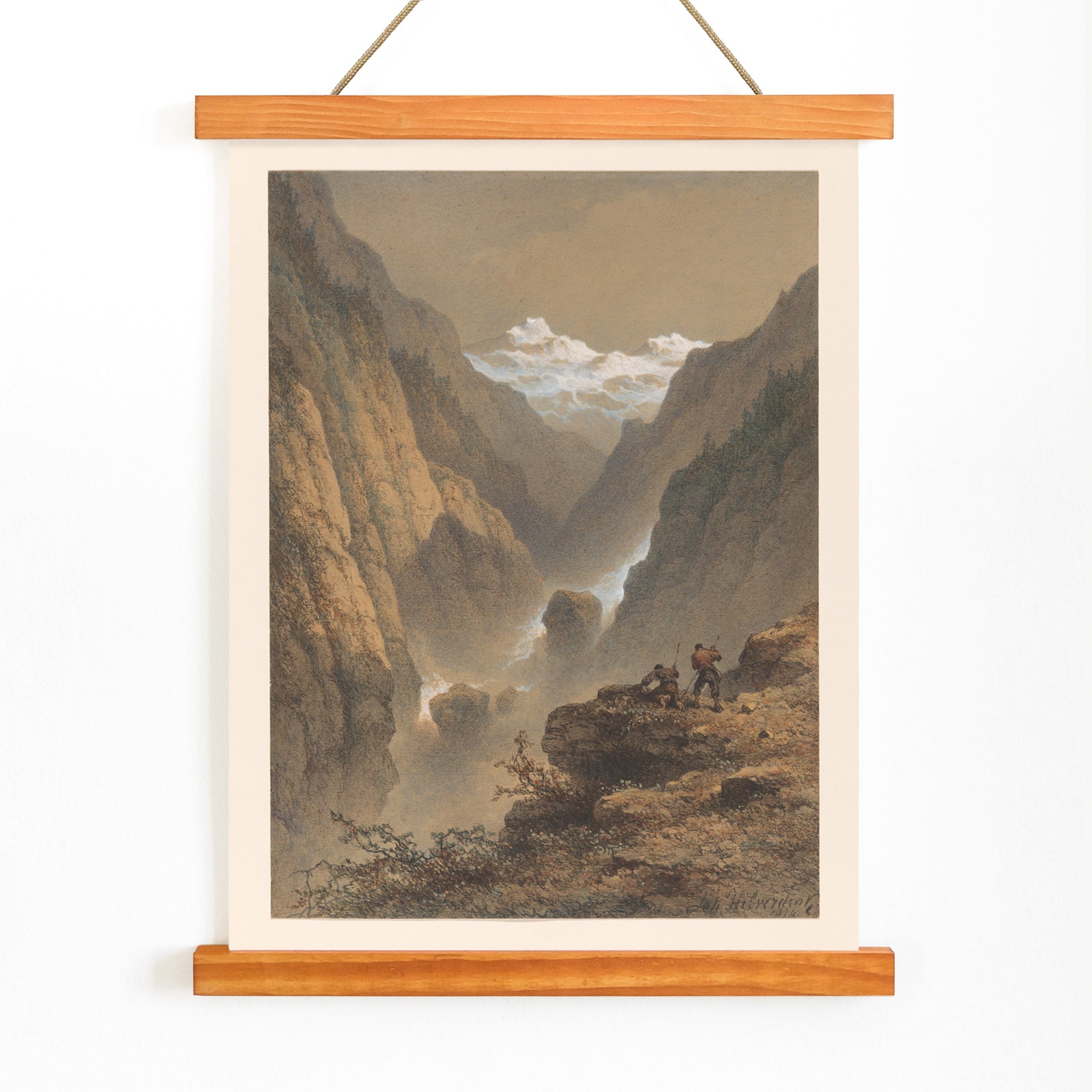Two men hiking in dramatic mountain landscape poster by Johannes Hilverdink showing two guys in rocky mountains artwork, with wooden magnetic frame on white background