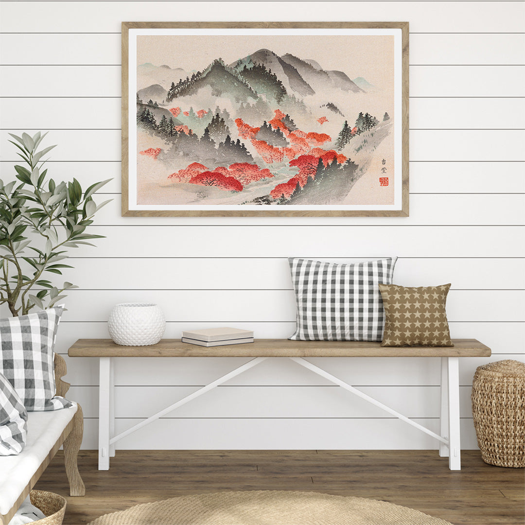 Heian meisho Japanese landscape poster with misty mountains vibrant autumn foliage and red trees in traditional painting style, framed and displayed in home decor