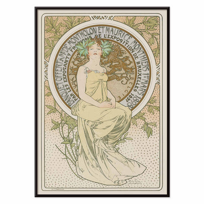 Alphonse Mucha Exposition de Bruxelles Art Nouveau poster with graceful woman and floral ornaments in soft green and beige tones, with black aluminium frame on white background