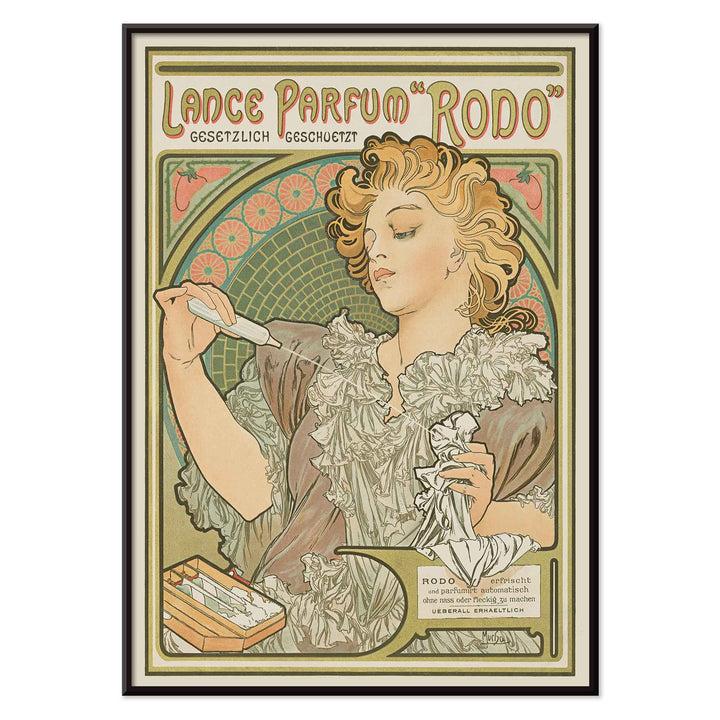 Alphonse Mucha Lance parfum Rodo poster Art Nouveau woman with flowing hair floral border soft green gold tones, with black aluminium frame on white background