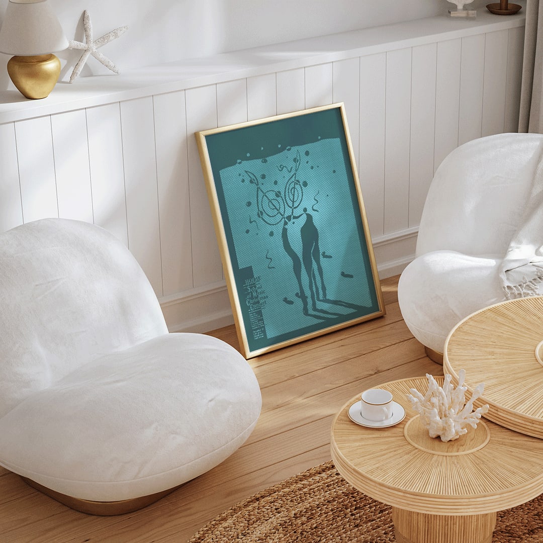 Poster for Hodie School of Music Christmas concert by Lanny Sommese featuring abstract figures with musical notes on a teal background, framed and displayed in home decor