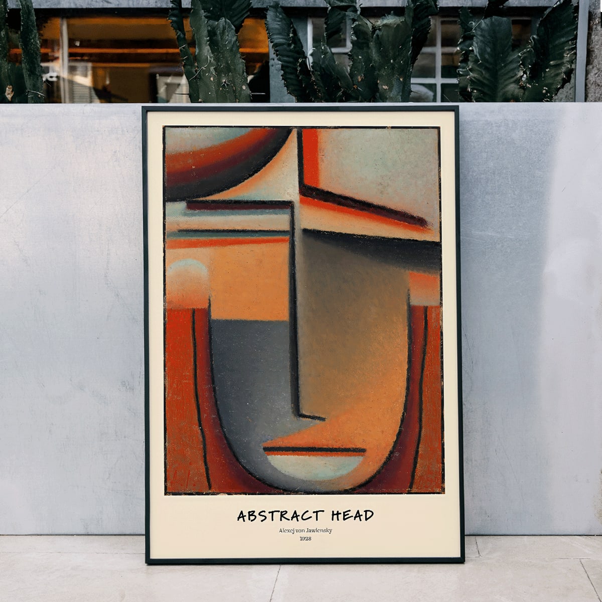 Abstract painting Mystical Head Meditation by Alexej von Jawlensky featuring a colorful stylized abstract face with closed eyes and serene expression, framed and displayed in modern living room decor