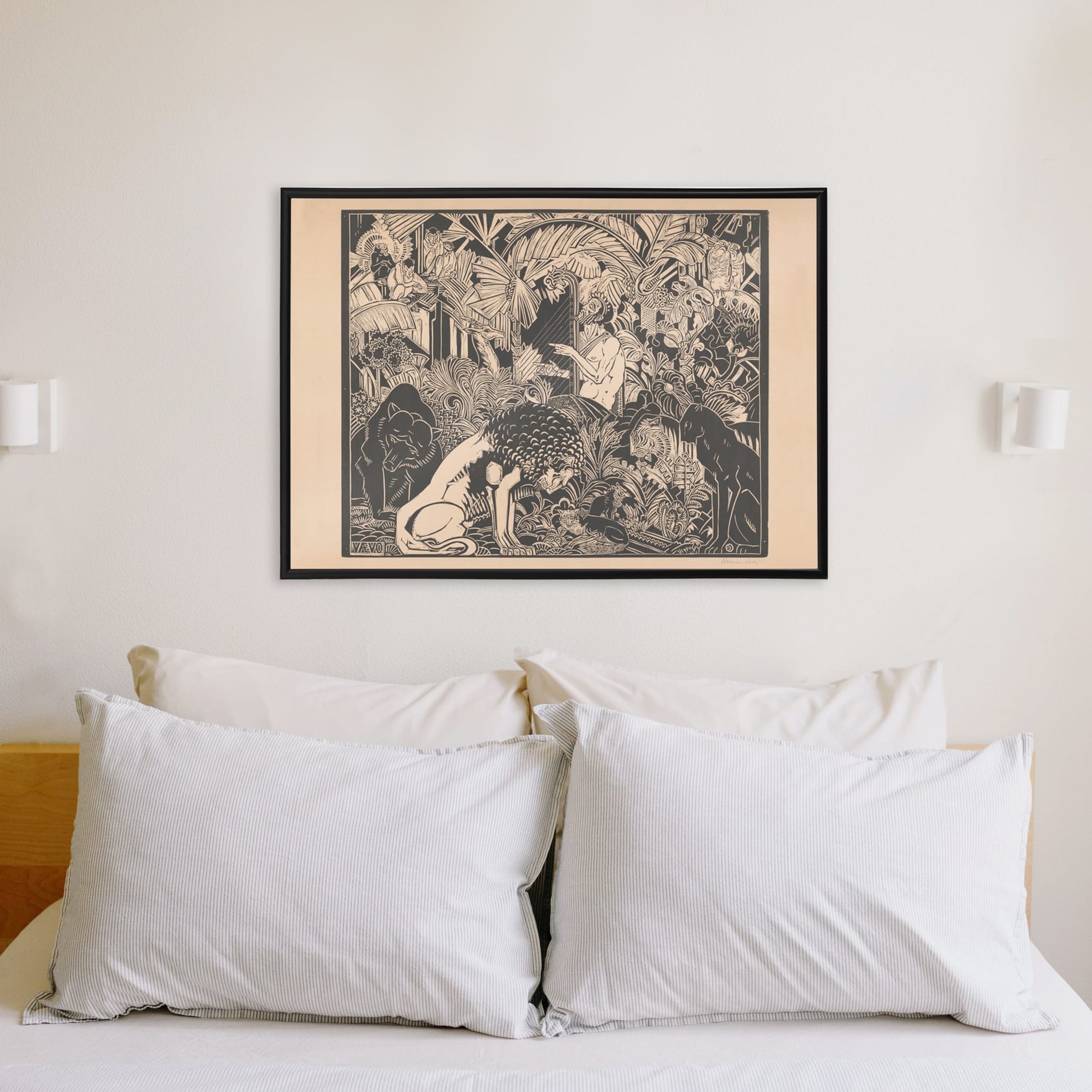 Orpheus playing harp surrounded by animals in lush jungle artwork by Henri van der Stok poster, framed and displayed in home decor
