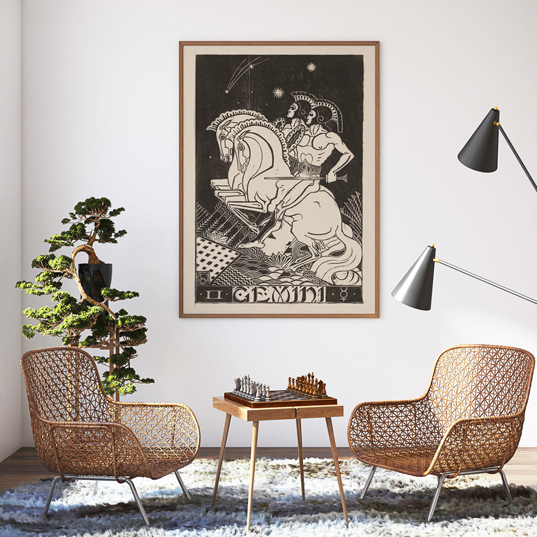 Gemini zodiac artwork by Henri van der Stok featuring two figures with chariot and horses under stars detailed black and white illustration, framed and displayed in home decor