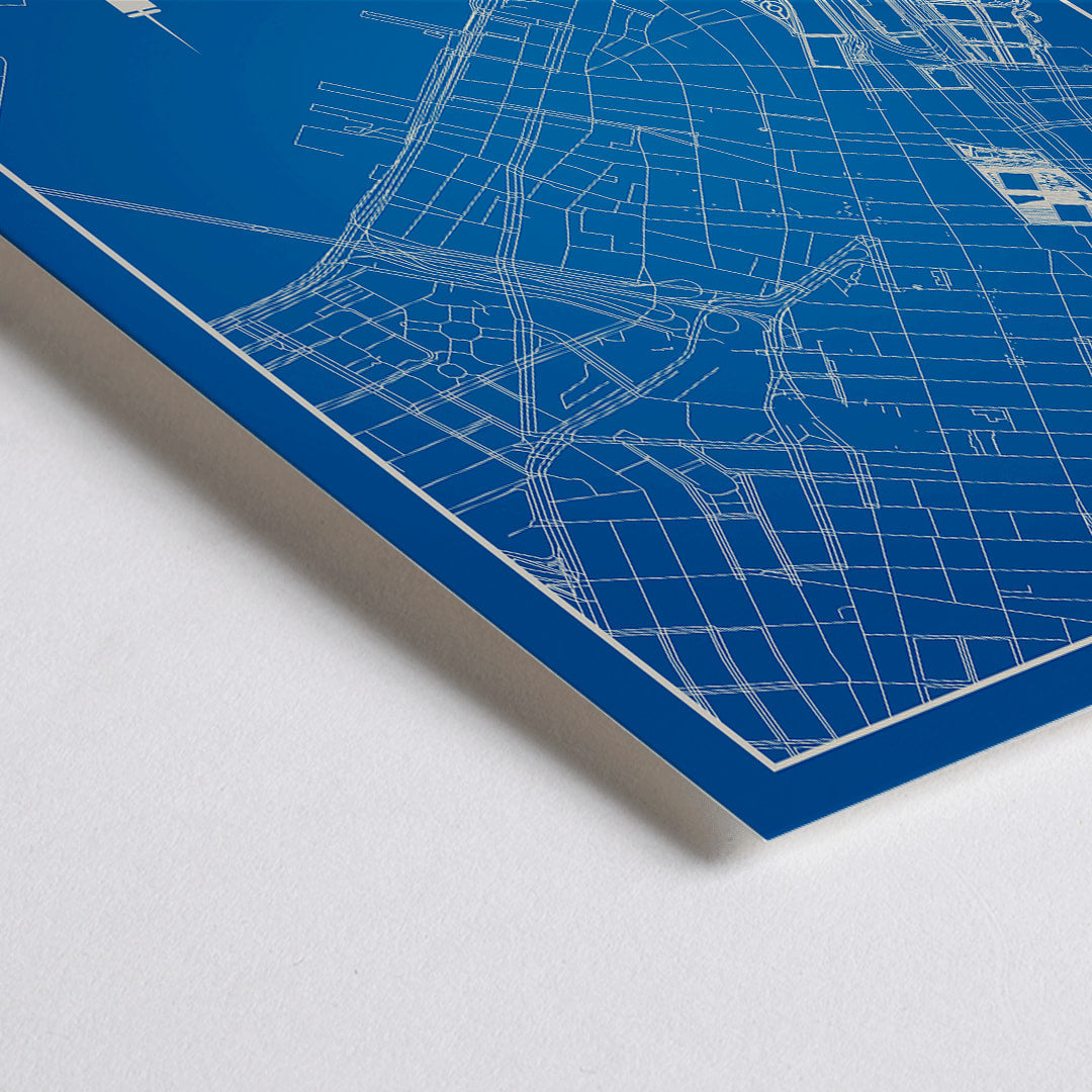 Closeup detail of New York Minimalist Map poster by artist New York featuring a blue and white outline of New York City streets above a city skyline silhouette