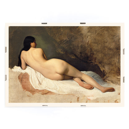 Study of a Reclining Nude by Isidore Pils poster featuring a nude woman lying on white fabric against a textured background, framed and displayed in modern living room decor