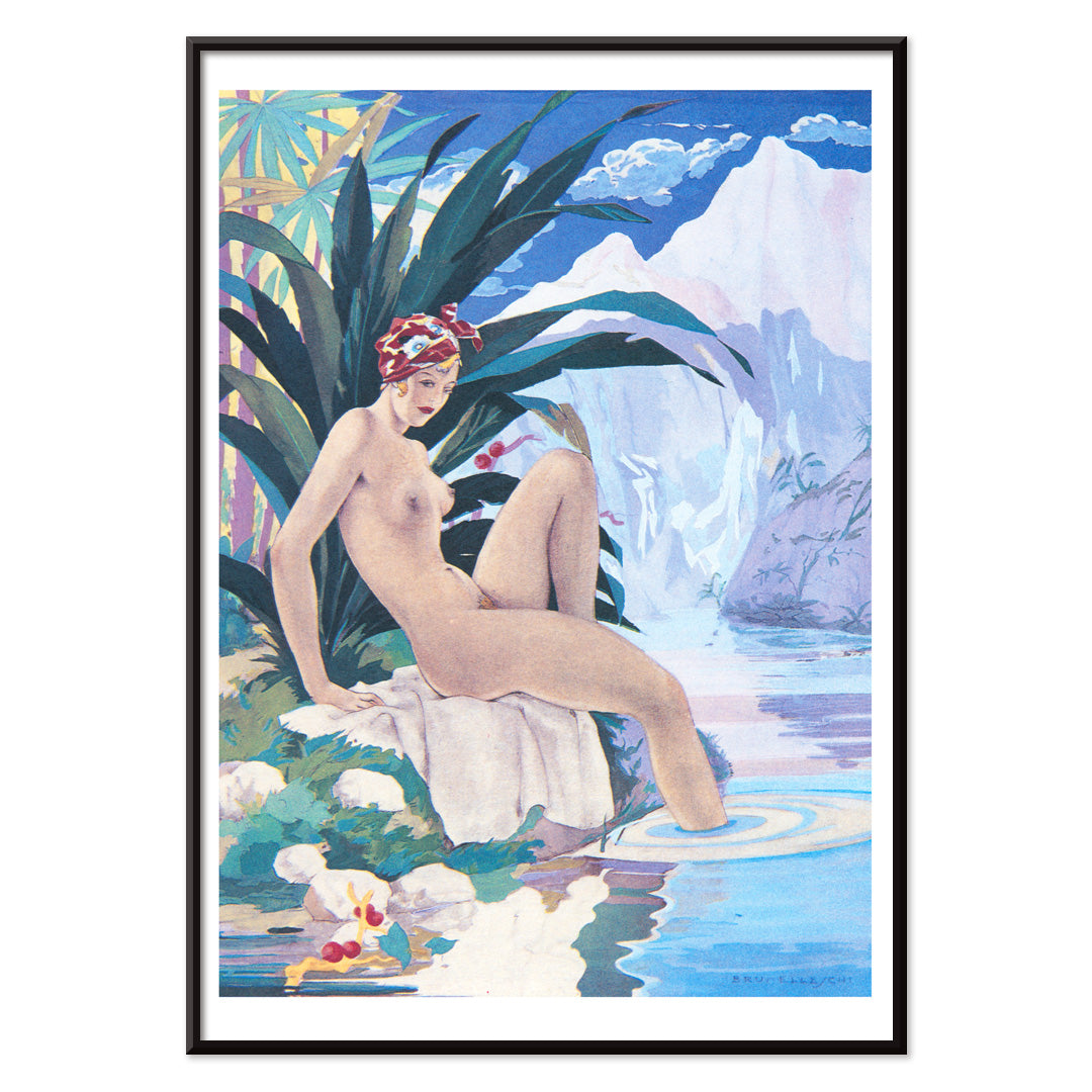 Nude woman by a tropical river in lush nature Tavola per Paul et Virginie by Umberto Brunelleschi poster, with black aluminium frame on white background